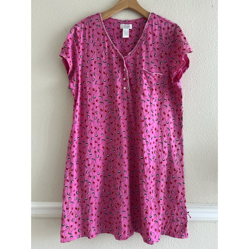 Aria Cherry Print Nightgown Dress Sz 1X 100% Cotton Bow Detail Grandma Cottage